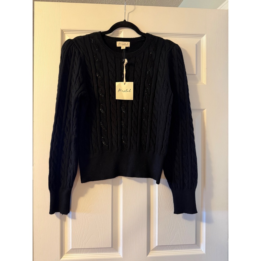 Marled Sweater Womens Medium Black Beaded Cable Knit Puff Sleeve Classic